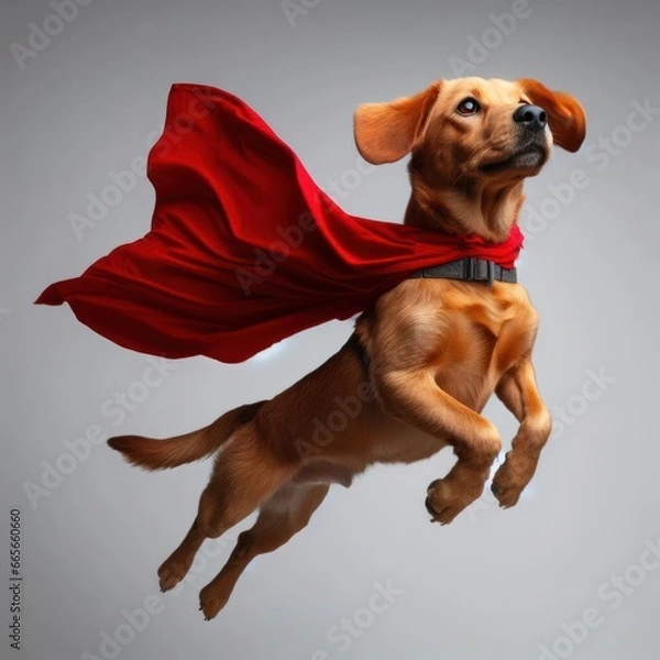 Fototapeta Portrait of superhero dog wearing red cape, jumping like a super hero, isolated on studio background