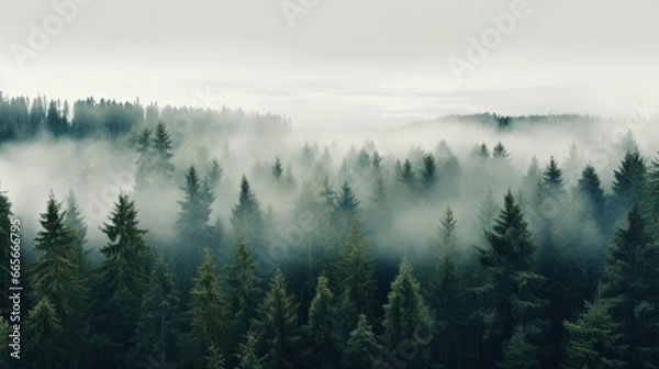 Fototapeta Nordic forest, forest landscape, foggy, evening time, foggy landscape in the jungle Fog and cloudy mountain tropic valley landscape aerial view, wide, misty panorama