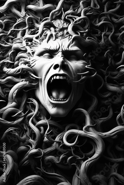 Fototapeta A Monochromatic Poster Illustration Depicting the Menacing Interplay of an Evil Demon, Skull, Ghost and the Inevitability of Death - Generative AI