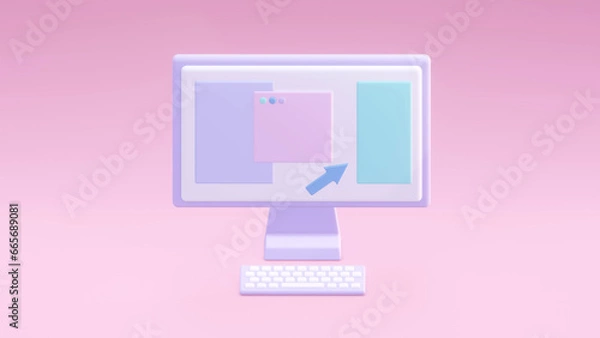 Fototapeta 3d render of computer and keyboard in workplace. LCD monitor with open pages of website in pastel colors. Illustration for digital design, landing page template