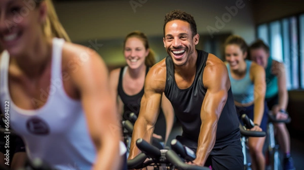Fototapeta Portrait of smiling man on exercise bike with friends  in gym