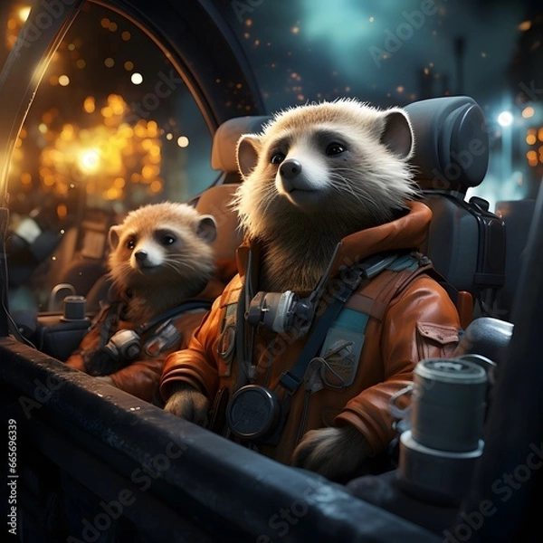 Obraz Cute hamster in cyberpunk style on the background of a futuristic city