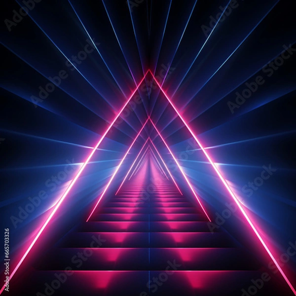 Fototapeta Neon dark stage shows empty room: neon light, spotlights, dark blue, purple, pink background - dance floor for product display in studio, backdrop for photo shooting. Generative AI