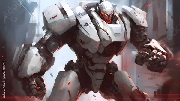 Obraz White armored heavy space robot in battle