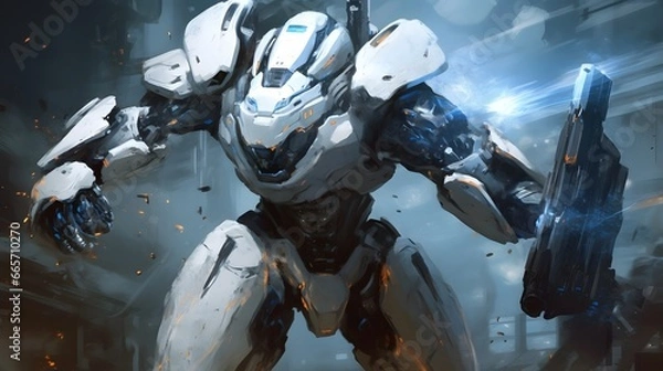 Obraz White armored heavy space robot in battle