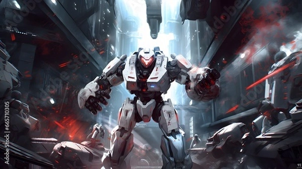 Obraz White armored heavy space robot in battle