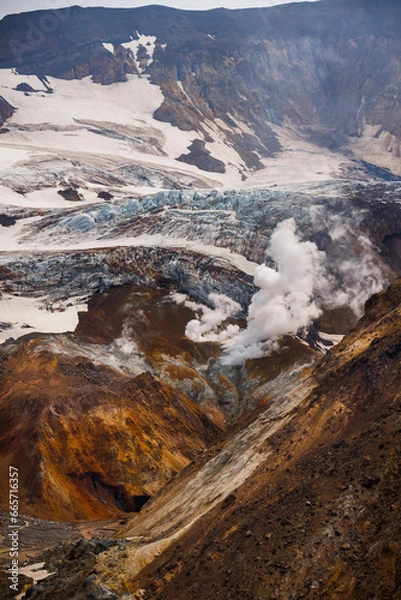 Obraz The crater of Mutnovsky volcano. Fumaroles. The active volcano Mutnovsky. Hiking. Kamchatka.