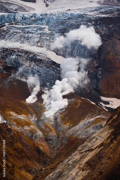 Obraz Beautiful mountain landscape, crater of active volcano: fumarole and hot spring, geothermal gas-steam activity, lava plain. Amazing volcanic landscape,