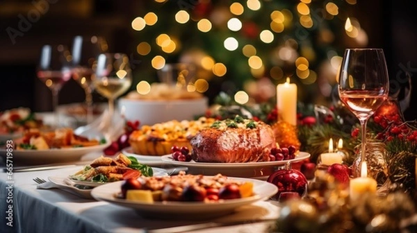 Obraz Christmas dinner table full of dishes with food and snacks, New Year's decor with a Christmas tree in the background. Buffet or catering concept.