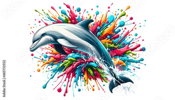 Obraz Mesmerizing Dolphin Emerging from a Symphony of Colorful Splashes and Swirls