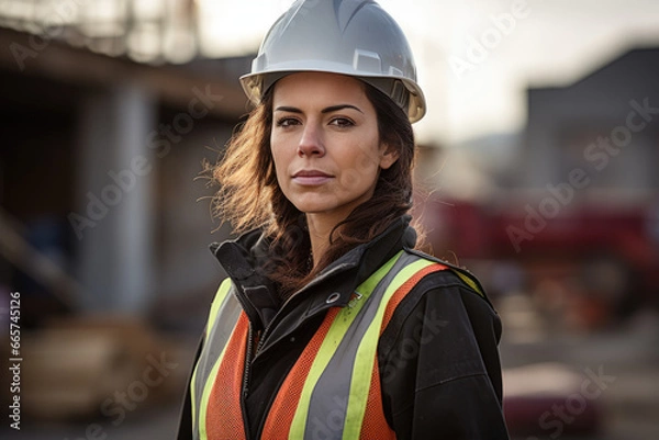 Fototapeta Architect Concept: A female architect at a construction site, looking determined