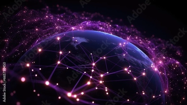 Fototapeta Connection lines glow light around the Earth's surface, future technology background.