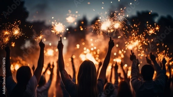 Fototapeta Celebrating New Year's Eve with a jubilant crowd, dazzling fireworks, and clinking champagne glasses