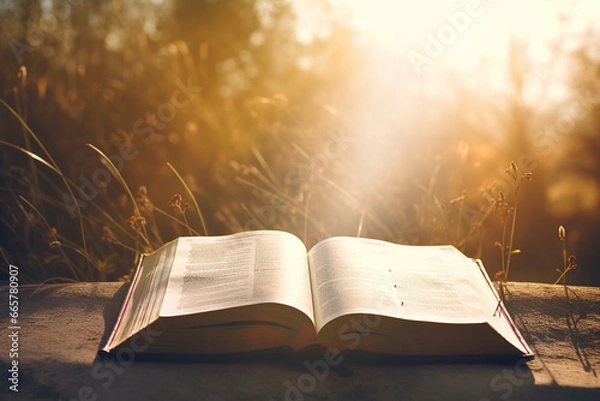 Obraz Bright sun light and bible book and the cross silhouette of the Holy Jesus Christ guiding the bright path.