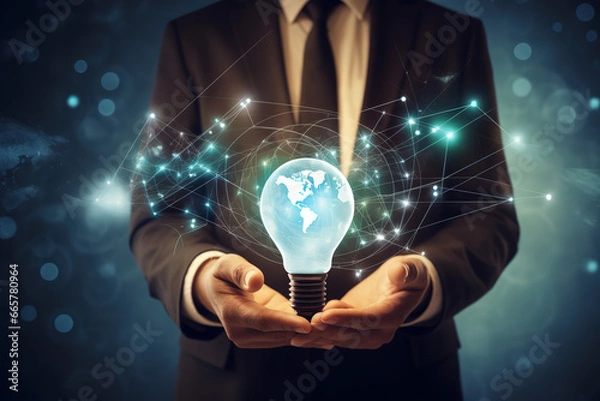 Fototapeta hand holding light bulb, idea concept with innovation and inspiration