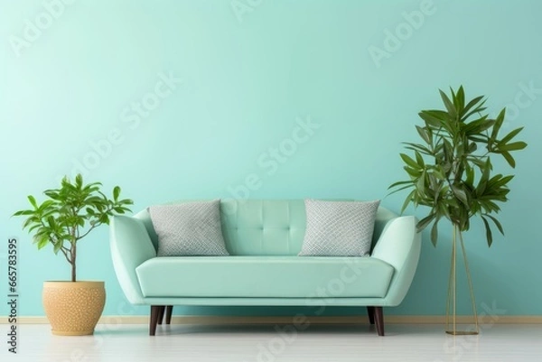 Fototapeta Modern Frontal view of mint sofa. Mint wall home. Generate Ai