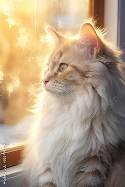 Fototapeta Cute big fluffy gray siberian cat sitting near the window and looking at the blurred lights. Winter cozy background. Christmas and New Year vertical concept. Banner about pets