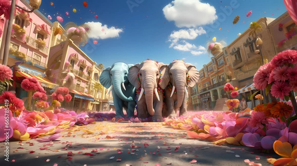 Fototapeta Three large elephants are walking along a street decorated with flowers. Circus poster, poster, print. Sunny day, circus performance in the city. Colorful bright illustration