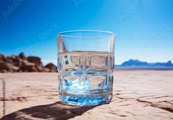 Fototapeta Refreshing Cold water glass in desert. Ecology dry. Generate Ai