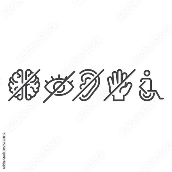 Fototapeta Disability icon, wheelchair, blind,deaf, amputated, mental disease sign. Modern sign, linear pictogram, outline symbol, simple thin line vector design element template
