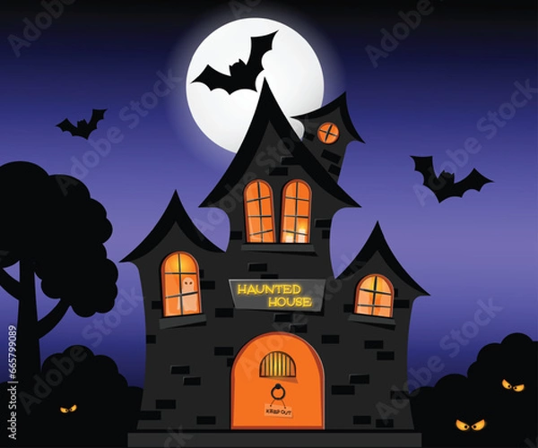 Fototapeta Haunted House with Glowing Moon Bats and Glowing Eyes Halloween Scene Premium Vector