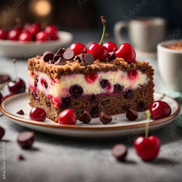 Fototapeta Cherry Chocolate Chip Cake Slice - A Sweet Indulgence