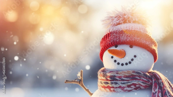 Fototapeta Panoramic view of happy snowman in winter scenery with copy space. Generative AI