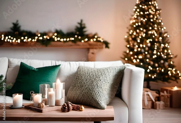 Fototapeta New year tree and gifts in scandinavian style interior with christmas decoration. AI generated.