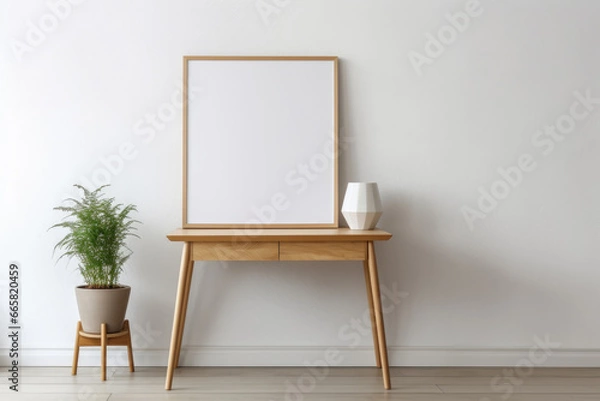 Obraz Wooden dresser and cabinet against a concrete wall with a vacant space a sample poster frame with room for copy