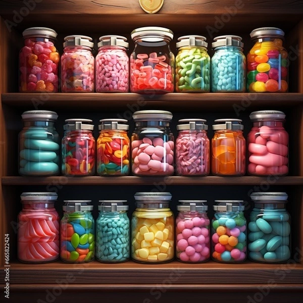 Fototapeta Children's store of sweets and marmalades. Assortment of candies and jelly. Selection of colorful delicious molasses and sugar desserts
