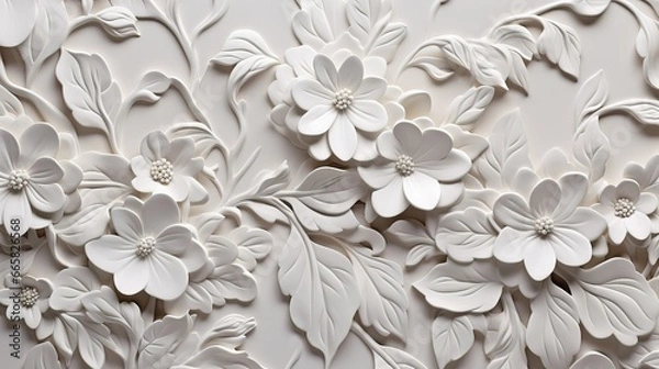 Obraz Paper flowers carved on the wall of the house, White background, floral wallpaper, texture, pattern design, white flowers 3d carved design