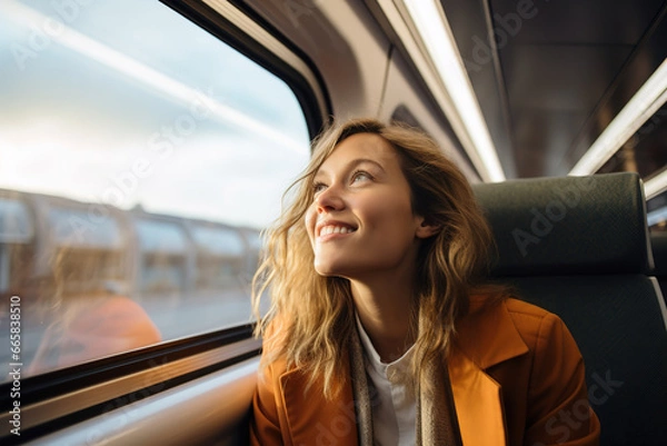 Fototapeta woman smiling sitting in a train looking through a window