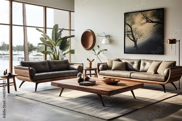 Fototapeta Artisanal Touch: Depict a modern living room adorned with handcrafted furniture and artisanal decor, celebrating the beauty of unique pieces with a personal touch.