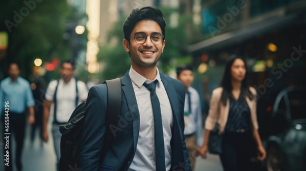 Fototapeta This image features a confident Asian Indian businessman in a suit, smiling as he walks through a busy city street on his way to the office, with the blurred street creating an urban vibe.