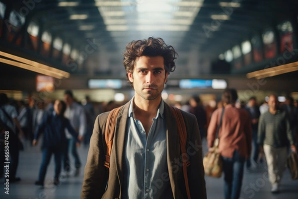 Fototapeta In a busy train station, a confident man stands on the bustling platform, meeting the camera's gaze amidst a sea of hurried commuters and the urban pulse of city life
