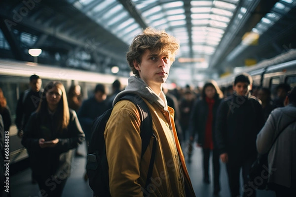 Fototapeta In a busy train station, a confident man stands on the bustling platform, meeting the camera's gaze amidst a sea of hurried commuters and the urban pulse of city life