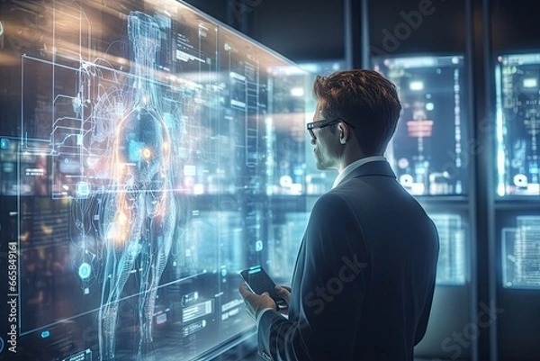 Fototapeta Scientist in front of a hologram and virtual data. Virtual reality in medicine and health care. 