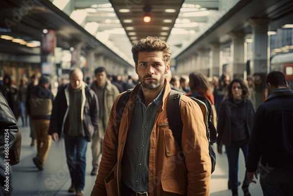 Fototapeta In a busy train station, a confident man stands on the bustling platform, meeting the camera's gaze amidst a sea of hurried commuters and the urban pulse of city life