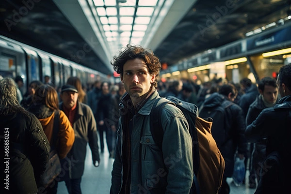 Fototapeta In a busy train station, a confident man stands on the bustling platform, meeting the camera's gaze amidst a sea of hurried commuters and the urban pulse of city life