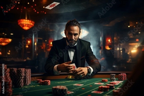 Obraz A man at a casino table playing poker and cards