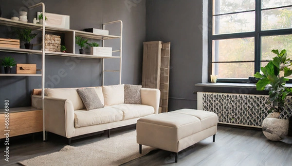Fototapeta beige interior, White loveseat sofa against window near dark grey wall with shelving unit. Scandinavian home interior design of modern living room