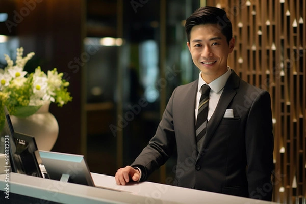 Fototapeta ホテルのフロントで接客をする男性従業員