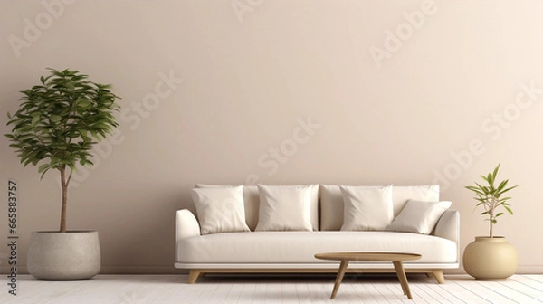 Fototapeta Minimalist interior design. Sofa, plants on a plain beige wall background with copyspace.  