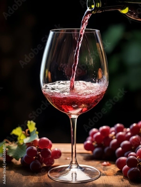 Obraz Red wine pours from a bottle into a glass AI