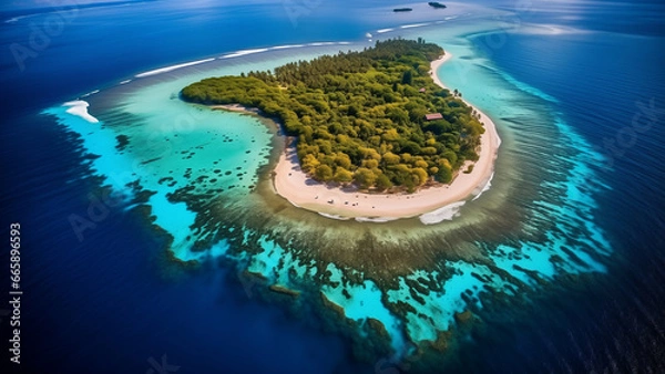 Obraz A beautiful view of a small island surrounded by coral reefs in the South Pacific as seen from the air