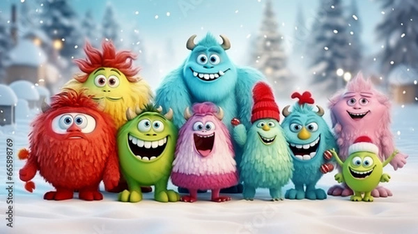 Fototapeta COLORFUL CHRISTMAS CARD WITH LAUGHING HAPPY CARTOON MONSTERS, HORIZONTAL IMAGE. image created by legal AI
