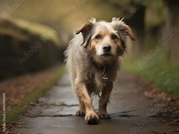 Fototapeta A once vivacious canine, now weathered by the passage of time, its once lively gait now reduced to a slow and deliberate plod. Its once bright eyes, once sparkling with youthful zest, are now clouded 