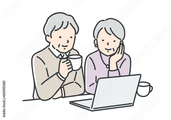 Obraz パソコンを見ているシニア夫婦