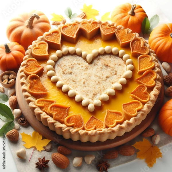 Obraz Delicious heart shape pumpkin pie on white background
