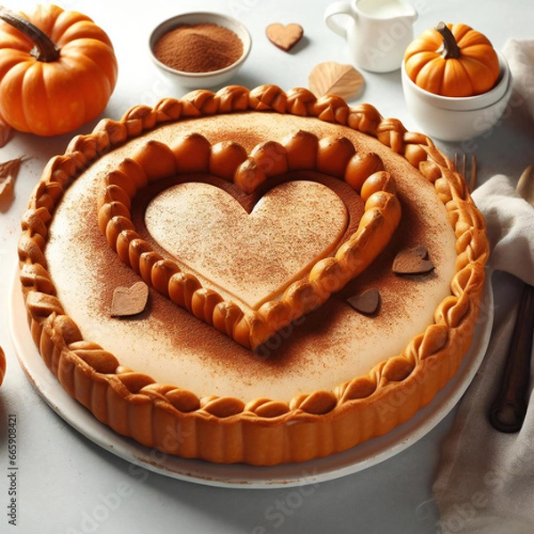 Obraz Delicious heart shape pumpkin pie on white background